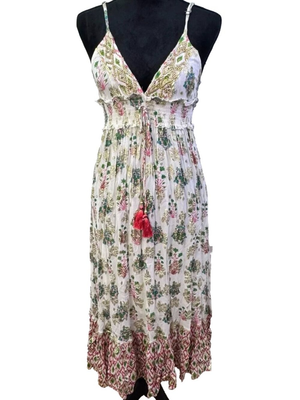 Vintage Siya India Beaded Sequin Boho Maxi Dress Tassel Cottagecore Chic